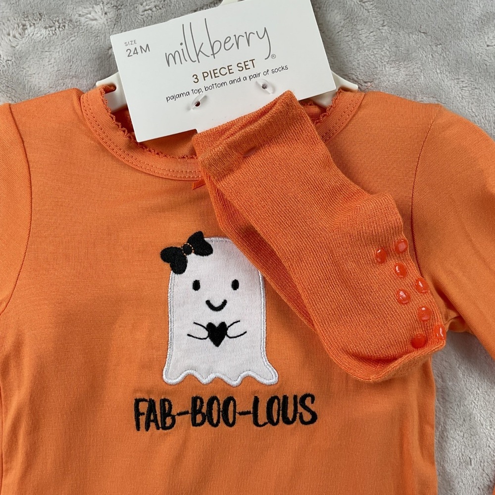 Milkberry Kids Halloween Ghost Bamboo Pajama Set 3pc Orange 24M New - Picture 2 of 9